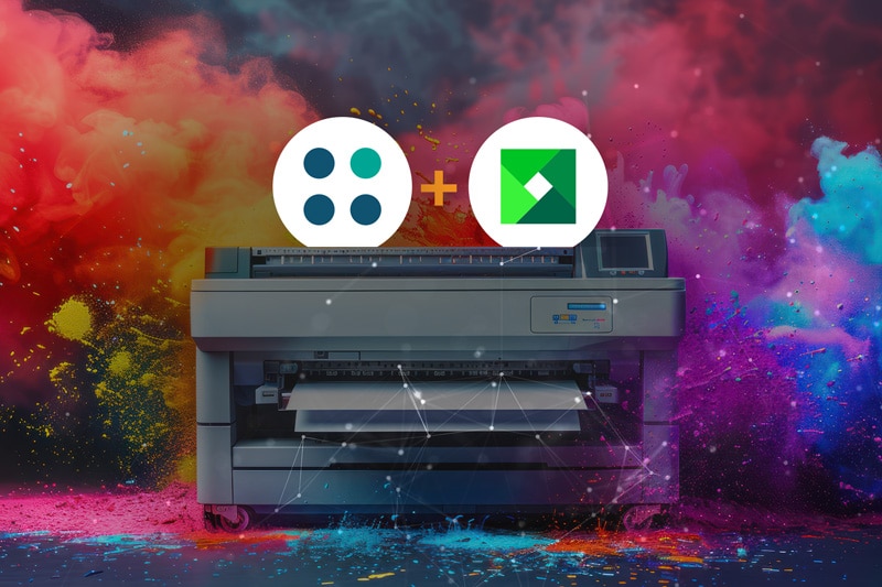 Lexmark printer with data quality logos; representing improved forecasting and reduced workload for the data science team, with a colorful explosion effect in the background.