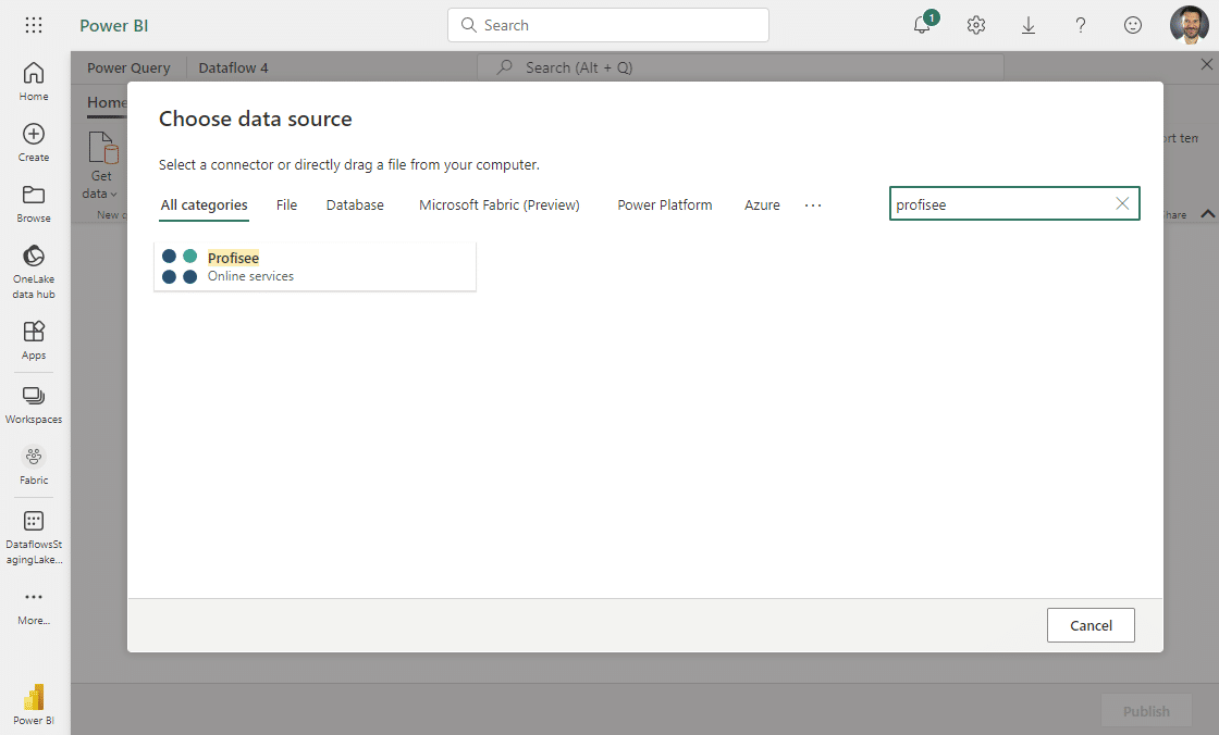 Screenshot of Profisee integrated into Microsoft Fabric on Day 1 as a native data source in Power BI.